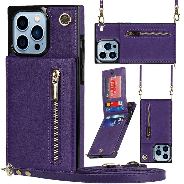 Cross-body Zipper Square Phone Case with Holder For iPhone 13 Pro(Purple)-garmade.com
