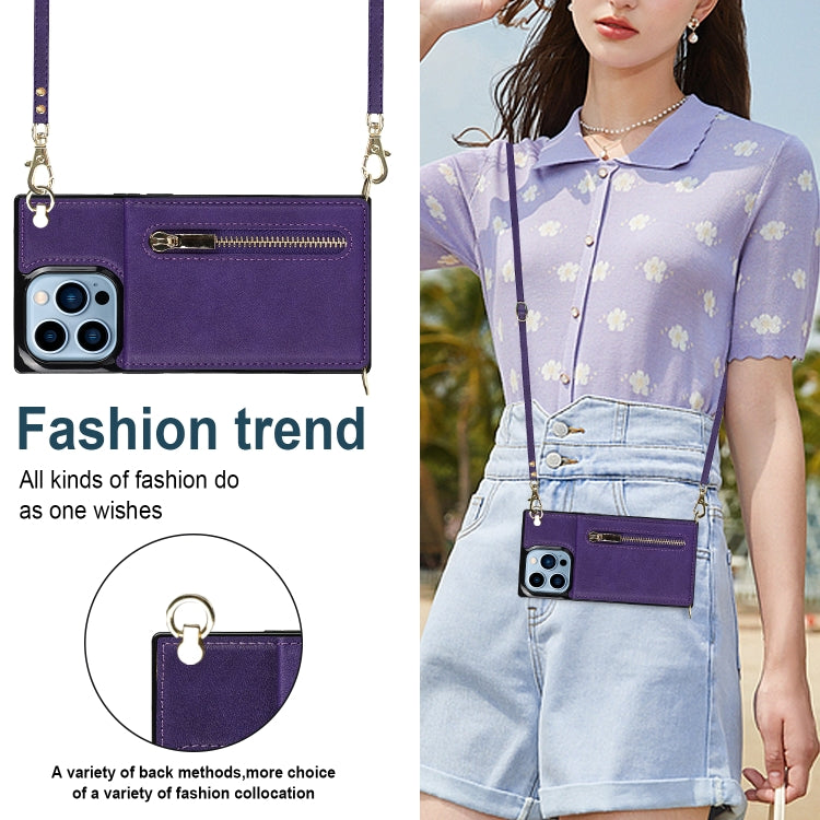 Cross-body Zipper Square Phone Case with Holder For iPhone 13 Pro(Purple)-garmade.com