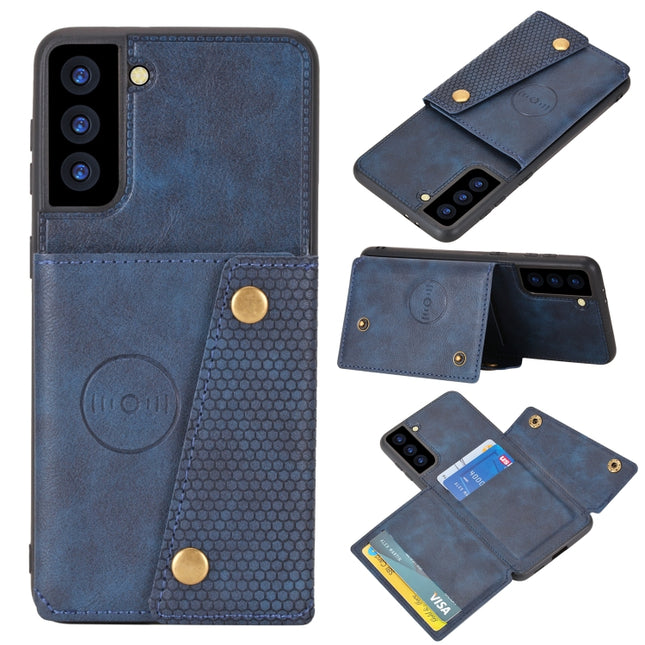 For Samsung Galaxy S22 5G Double Buckle PU + TPU Magnetic Phone Case(Blue)-garmade.com