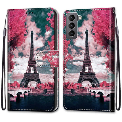 For Samsung Galaxy S22 5G Coloured Drawing Cross Texture Horizontal Flip Leather Phone Case with Holder & Card Slots & Wallet & Lanyard(Pink Flower Tower Bridge)-garmade.com