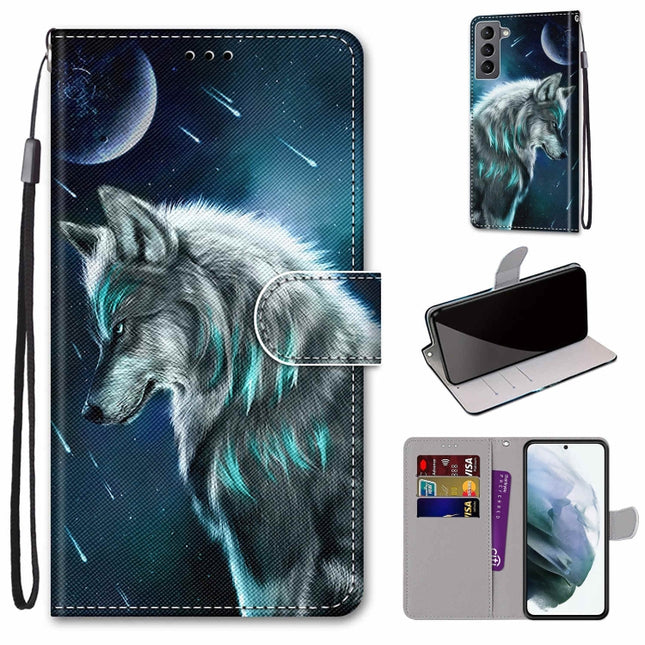 For Samsung Galaxy S22 5G Coloured Drawing Cross Texture Horizontal Flip Leather Phone Case with Holder & Card Slots & Wallet & Lanyard(Pensive Wolf)-garmade.com