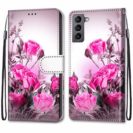 For Samsung Galaxy S22 5G Coloured Drawing Cross Texture Horizontal Flip Leather Phone Case with Holder & Card Slots & Wallet & Lanyard(Wild Rose)-garmade.com