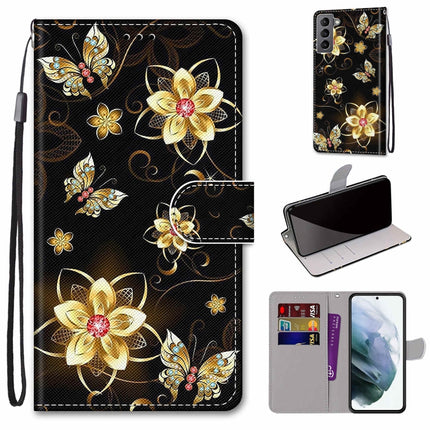 For Samsung Galaxy S22 5G Coloured Drawing Cross Texture Horizontal Flip Leather Phone Case with Holder & Card Slots & Wallet & Lanyard(Gold Diamond Butterfly)-garmade.com
