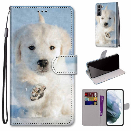 For Samsung Galaxy S22 5G Coloured Drawing Cross Texture Horizontal Flip Leather Phone Case with Holder & Card Slots & Wallet & Lanyard(Snow Puppy)-garmade.com