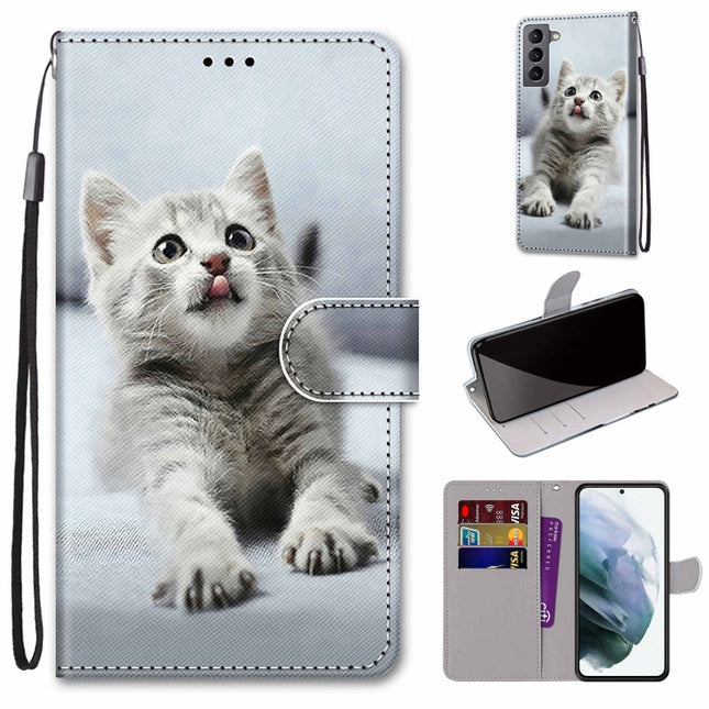 For Samsung Galaxy S22 5G Coloured Drawing Cross Texture Horizontal Flip Leather Phone Case with Holder & Card Slots & Wallet & Lanyard(Small Grey Cat)-garmade.com