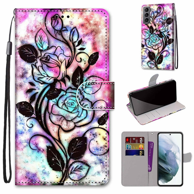 For Samsung Galaxy S22 5G Coloured Drawing Cross Texture Horizontal Flip Leather Phone Case with Holder & Card Slots & Wallet & Lanyard(Color Bottom Hollow Flower)-garmade.com