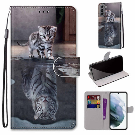 For Samsung Galaxy S22 5G Coloured Drawing Cross Texture Horizontal Flip Leather Phone Case with Holder & Card Slots & Wallet & Lanyard(Cat Becomes Tiger)-garmade.com