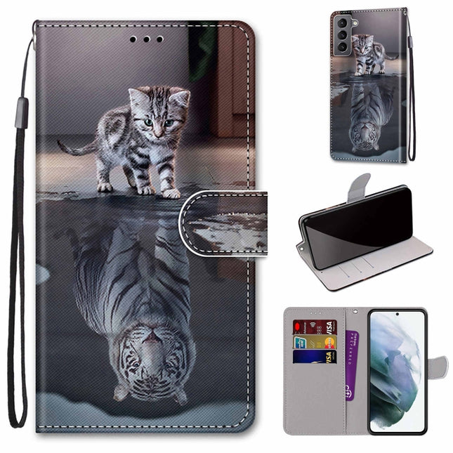 For Samsung Galaxy S22 5G Coloured Drawing Cross Texture Horizontal Flip Leather Phone Case with Holder & Card Slots & Wallet & Lanyard(Cat Becomes Tiger)-garmade.com