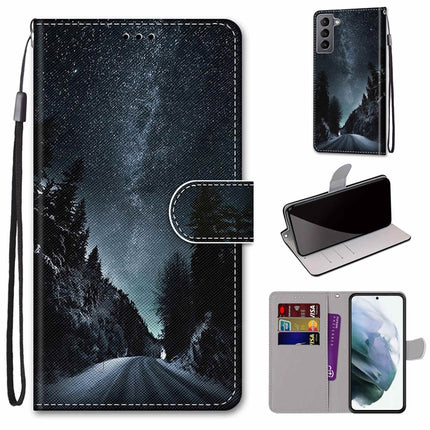 For Samsung Galaxy S22 5G Coloured Drawing Cross Texture Horizontal Flip Leather Phone Case with Holder & Card Slots & Wallet & Lanyard(Mountain Road Starry Sky)-garmade.com