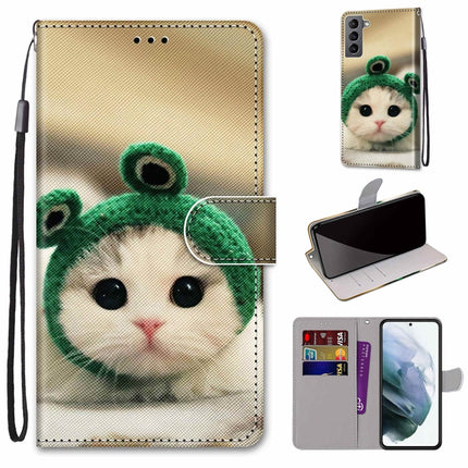 For Samsung Galaxy S22 5G Coloured Drawing Cross Texture Horizontal Flip Leather Phone Case with Holder & Card Slots & Wallet & Lanyard(Frog Kitten)-garmade.com