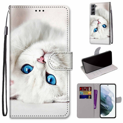 For Samsung Galaxy S22 5G Coloured Drawing Cross Texture Horizontal Flip Leather Phone Case with Holder & Card Slots & Wallet & Lanyard(White Kitten)-garmade.com