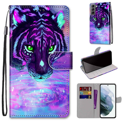 For Samsung Galaxy S22 5G Coloured Drawing Cross Texture Horizontal Flip Leather Phone Case with Holder & Card Slots & Wallet & Lanyard(Tiger Drinking Water)-garmade.com