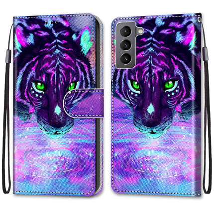 For Samsung Galaxy S22 5G Coloured Drawing Cross Texture Horizontal Flip Leather Phone Case with Holder & Card Slots & Wallet & Lanyard(Tiger Drinking Water)-garmade.com