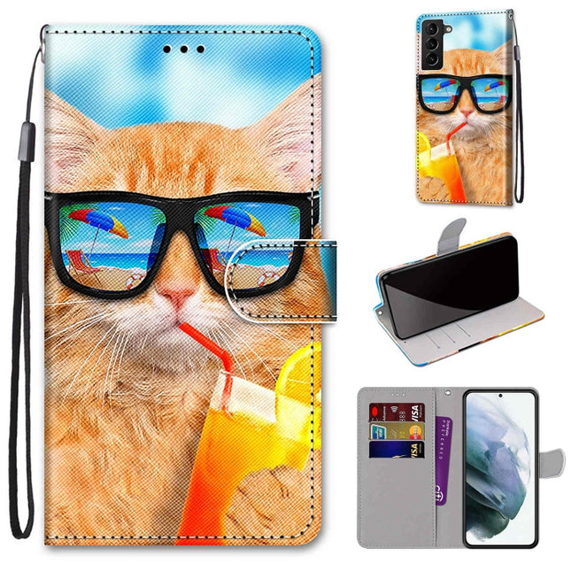For Samsung Galaxy S22+ 5G Coloured Drawing Cross Texture Horizontal Flip Leather Phone Case with Holder & Card Slots & Wallet & Lanyard(Cat Drinking Soda)-garmade.com
