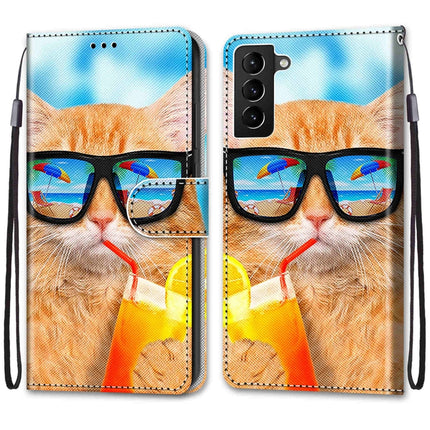 For Samsung Galaxy S22+ 5G Coloured Drawing Cross Texture Horizontal Flip Leather Phone Case with Holder & Card Slots & Wallet & Lanyard(Cat Drinking Soda)-garmade.com