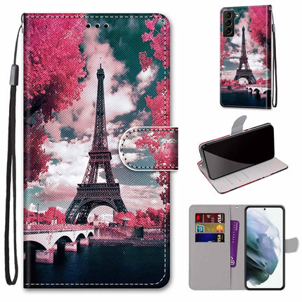 For Samsung Galaxy S22+ 5G Coloured Drawing Cross Texture Horizontal Flip Leather Phone Case with Holder & Card Slots & Wallet & Lanyard(Pink Flower Tower Bridge)-garmade.com