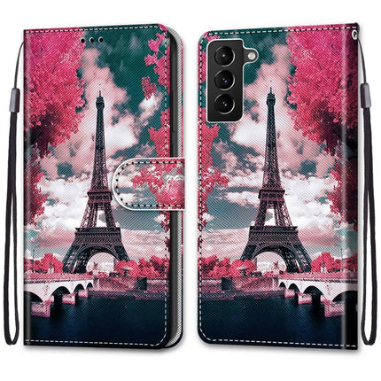 For Samsung Galaxy S22+ 5G Coloured Drawing Cross Texture Horizontal Flip Leather Phone Case with Holder & Card Slots & Wallet & Lanyard(Pink Flower Tower Bridge)-garmade.com