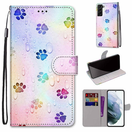 For Samsung Galaxy S22+ 5G Coloured Drawing Cross Texture Horizontal Flip Leather Phone Case with Holder & Card Slots & Wallet & Lanyard(Footprint Water Drops)-garmade.com