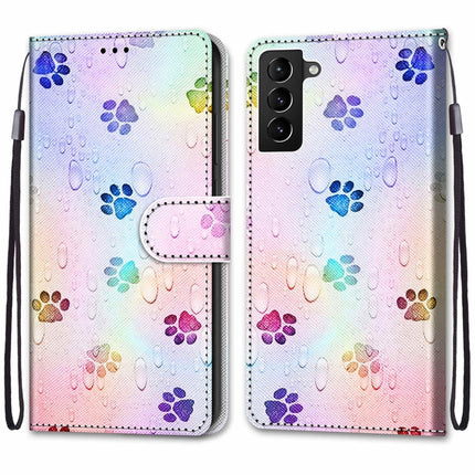 For Samsung Galaxy S22+ 5G Coloured Drawing Cross Texture Horizontal Flip Leather Phone Case with Holder & Card Slots & Wallet & Lanyard(Footprint Water Drops)-garmade.com