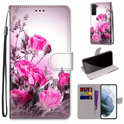 For Samsung Galaxy S22+ 5G Coloured Drawing Cross Texture Horizontal Flip Leather Phone Case with Holder & Card Slots & Wallet & Lanyard(Wild Rose)-garmade.com