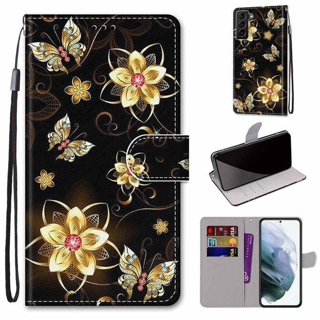 For Samsung Galaxy S22+ 5G Coloured Drawing Cross Texture Horizontal Flip Leather Phone Case with Holder & Card Slots & Wallet & Lanyard(Gold Diamond Butterfly)-garmade.com