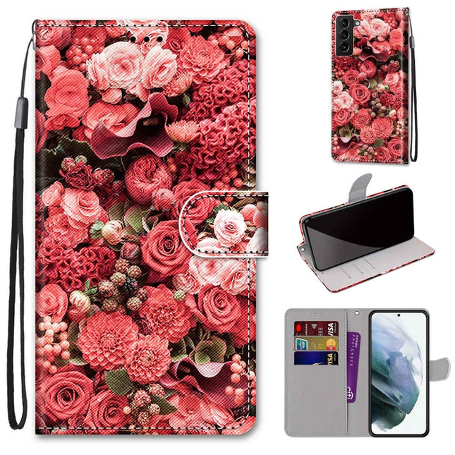 For Samsung Galaxy S22+ 5G Coloured Drawing Cross Texture Horizontal Flip Leather Phone Case with Holder & Card Slots & Wallet & Lanyard(Pink Rose Garden)-garmade.com