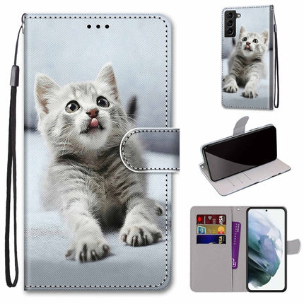 For Samsung Galaxy S22+ 5G Coloured Drawing Cross Texture Horizontal Flip Leather Phone Case with Holder & Card Slots & Wallet & Lanyard(Small Grey Cat)-garmade.com