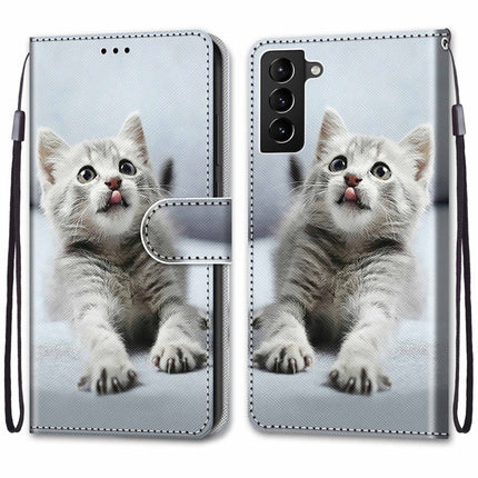 For Samsung Galaxy S22+ 5G Coloured Drawing Cross Texture Horizontal Flip Leather Phone Case with Holder & Card Slots & Wallet & Lanyard(Small Grey Cat)-garmade.com