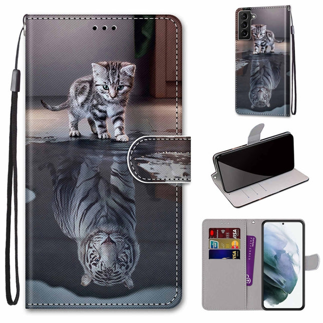 For Samsung Galaxy S22+ 5G Coloured Drawing Cross Texture Horizontal Flip Leather Phone Case with Holder & Card Slots & Wallet & Lanyard(Cat Becomes Tiger)-garmade.com