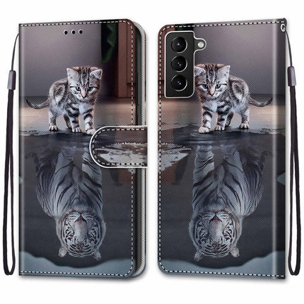 For Samsung Galaxy S22+ 5G Coloured Drawing Cross Texture Horizontal Flip Leather Phone Case with Holder & Card Slots & Wallet & Lanyard(Cat Becomes Tiger)-garmade.com