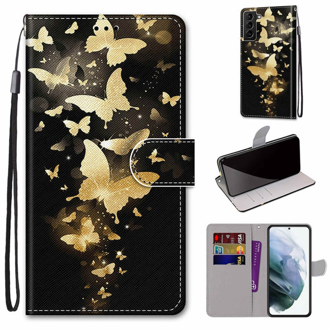 For Samsung Galaxy S22+ 5G Coloured Drawing Cross Texture Horizontal Flip Leather Phone Case with Holder & Card Slots & Wallet & Lanyard(Golden Butterfly Group)-garmade.com