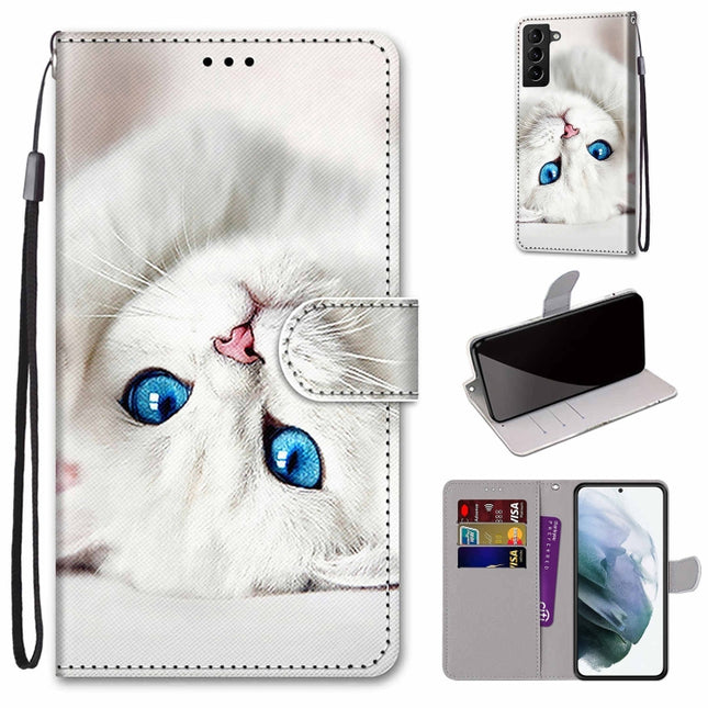 For Samsung Galaxy S22+ 5G Coloured Drawing Cross Texture Horizontal Flip Leather Phone Case with Holder & Card Slots & Wallet & Lanyard(White Kitten)-garmade.com