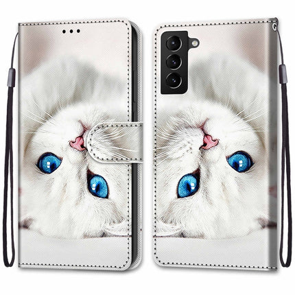 For Samsung Galaxy S22+ 5G Coloured Drawing Cross Texture Horizontal Flip Leather Phone Case with Holder & Card Slots & Wallet & Lanyard(White Kitten)-garmade.com