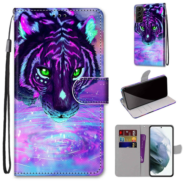 For Samsung Galaxy S22+ 5G Coloured Drawing Cross Texture Horizontal Flip Leather Phone Case with Holder & Card Slots & Wallet & Lanyard(Tiger Drinking Water)-garmade.com