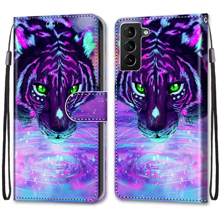 For Samsung Galaxy S22+ 5G Coloured Drawing Cross Texture Horizontal Flip Leather Phone Case with Holder & Card Slots & Wallet & Lanyard(Tiger Drinking Water)-garmade.com