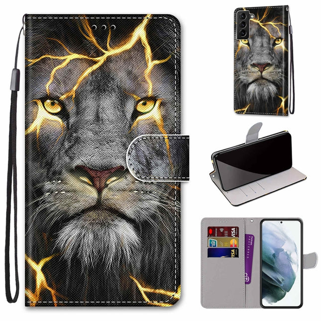 For Samsung Galaxy S22+ 5G Coloured Drawing Cross Texture Horizontal Flip Leather Phone Case with Holder & Card Slots & Wallet & Lanyard(Fission Lion)-garmade.com