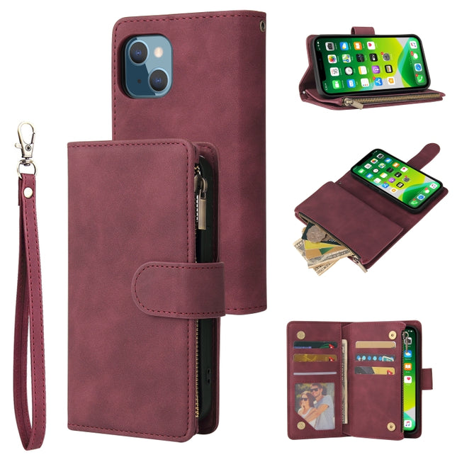 Multifunctional Phone Leather Case with Card Slot & Holder & Zipper Wallet & Photo Frame For iPhone 13 mini(Wine Red)-garmade.com