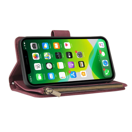 Multifunctional Phone Leather Case with Card Slot & Holder & Zipper Wallet & Photo Frame For iPhone 13 mini(Wine Red)-garmade.com