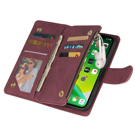 Multifunctional Phone Leather Case with Card Slot & Holder & Zipper Wallet & Photo Frame For iPhone 13 mini(Wine Red)-garmade.com