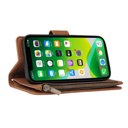 Multifunctional Phone Leather Case with Card Slot & Holder & Zipper Wallet & Photo Frame For iPhone 13 mini(Brown)-garmade.com