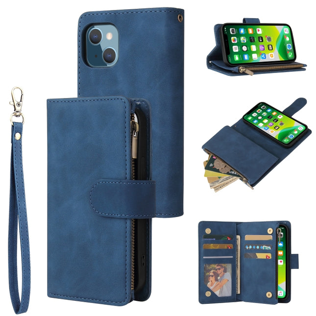 Multifunctional Phone Leather Case with Card Slot & Holder & Zipper Wallet & Photo Frame For iPhone 13 mini(Blue)-garmade.com