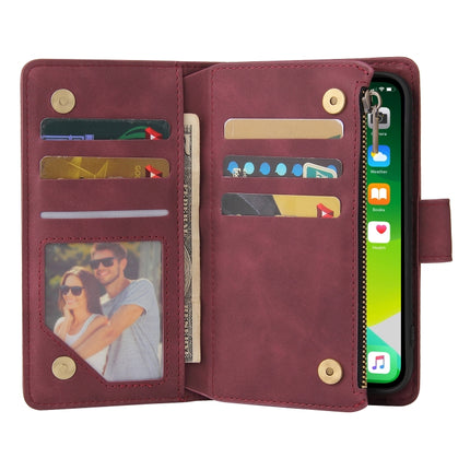 Multifunctional Phone Leather Case with Card Slot & Holder & Zipper Wallet & Photo Frame For iPhone 13(Wine Red)-garmade.com