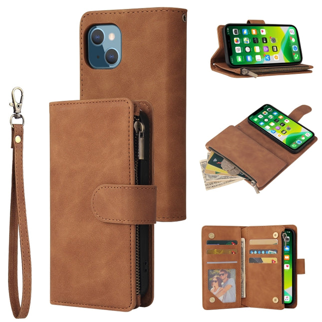 Multifunctional Phone Leather Case with Card Slot & Holder & Zipper Wallet & Photo Frame For iPhone 13(Brown)-garmade.com