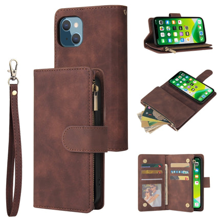 Multifunctional Phone Leather Case with Card Slot & Holder & Zipper Wallet & Photo Frame For iPhone 13(Coffee)-garmade.com