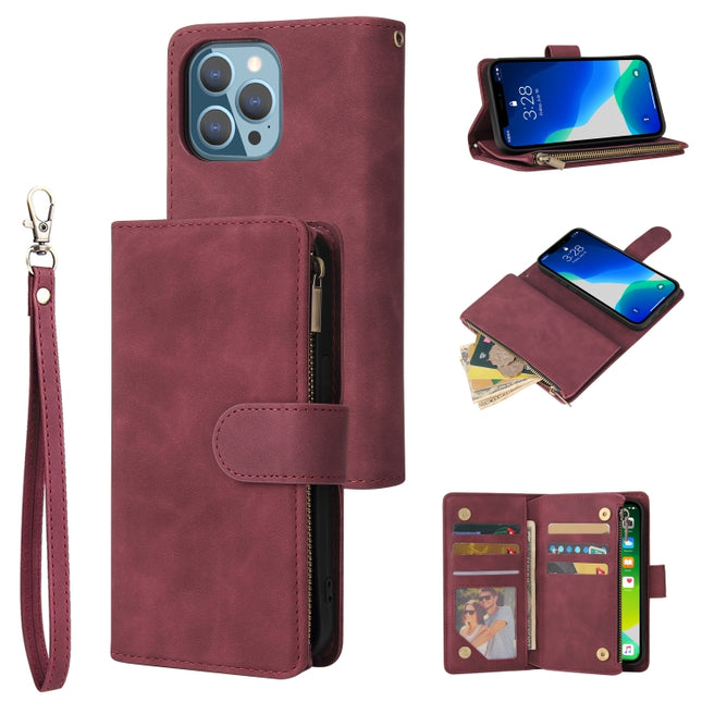 Multifunctional Phone Leather Case with Card Slot & Holder & Zipper Wallet & Photo Frame For iPhone 13 Pro(Wine Red)-garmade.com
