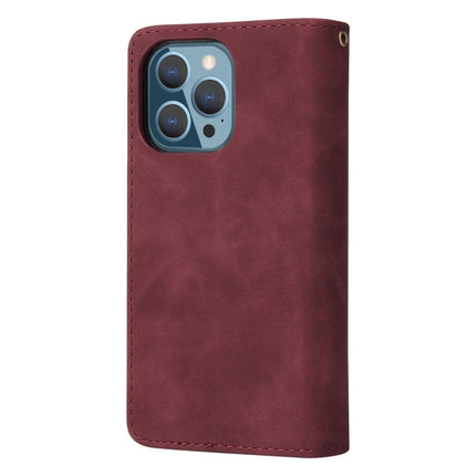 Multifunctional Phone Leather Case with Card Slot & Holder & Zipper Wallet & Photo Frame For iPhone 13 Pro(Wine Red)-garmade.com