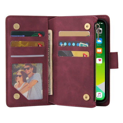 Multifunctional Phone Leather Case with Card Slot & Holder & Zipper Wallet & Photo Frame For iPhone 13 Pro(Wine Red)-garmade.com