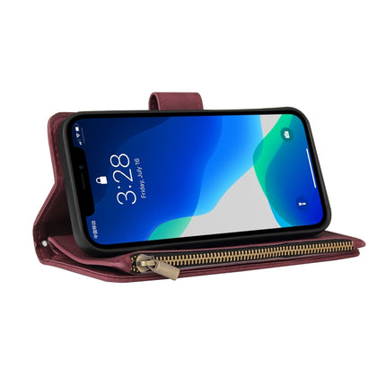 Multifunctional Phone Leather Case with Card Slot & Holder & Zipper Wallet & Photo Frame For iPhone 13 Pro(Wine Red)-garmade.com