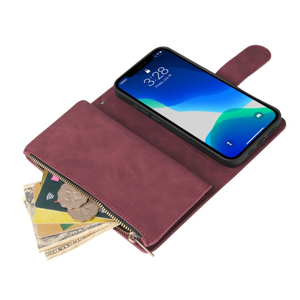 Multifunctional Phone Leather Case with Card Slot & Holder & Zipper Wallet & Photo Frame For iPhone 13 Pro(Wine Red)-garmade.com