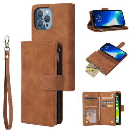 Multifunctional Phone Leather Case with Card Slot & Holder & Zipper Wallet & Photo Frame For iPhone 13 Pro(Brown)-garmade.com